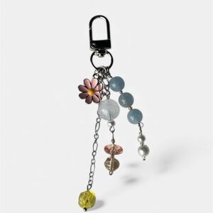 Floral Charm Keychain with Multicolor Beads (Silver)
